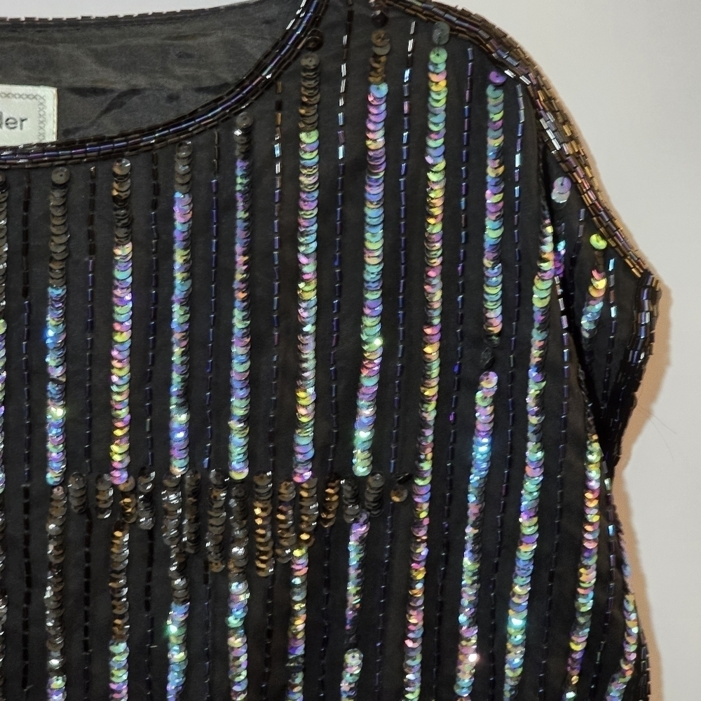 Vintage Schrader Knits 100% Silk Black Sequin Beaded Color Block Short Sleeve 12 - Picture 3 of 7